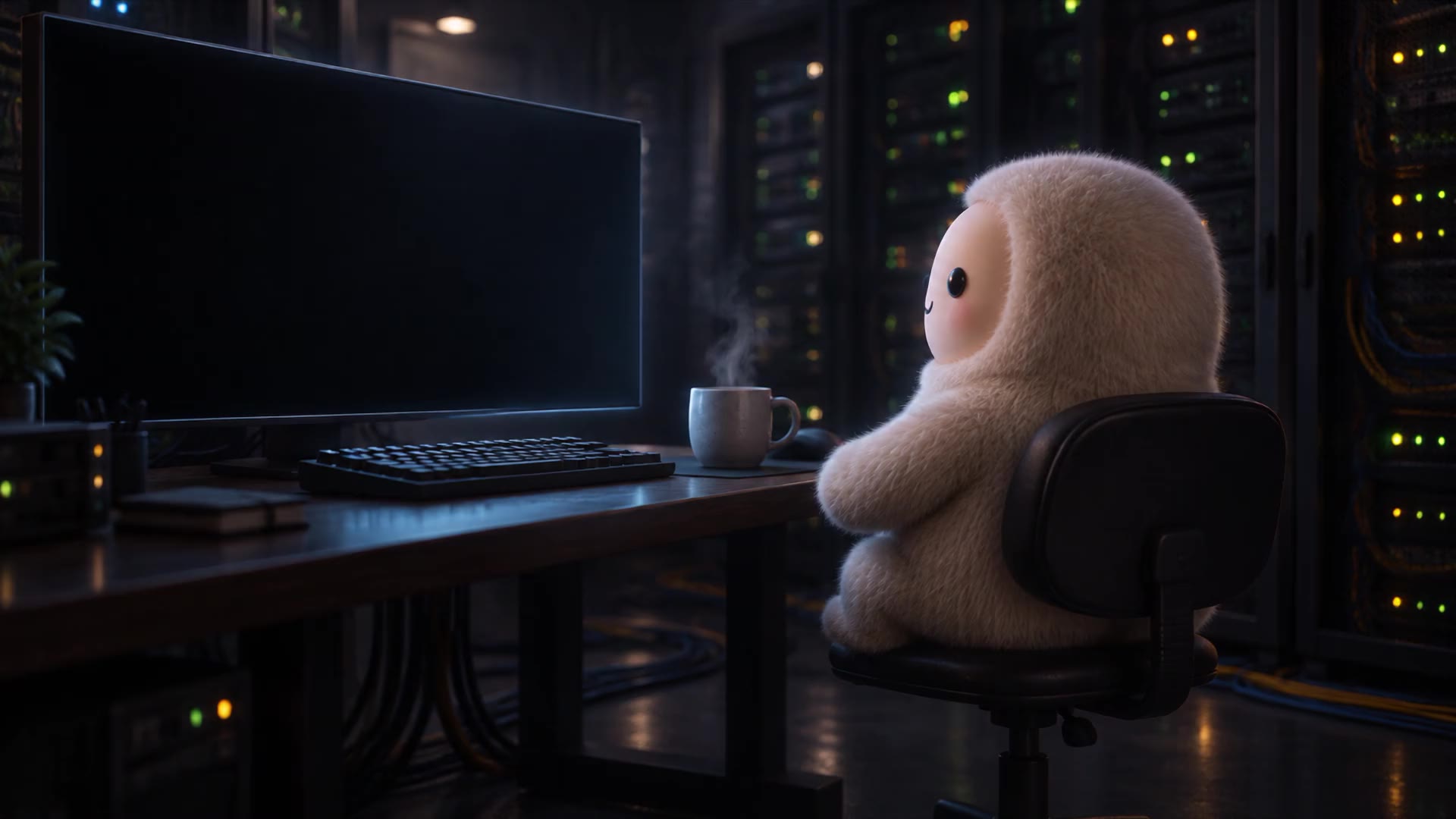 WISP, a small cream-furred creature, sits in an office chair in a dark server room, facing a large monitor. A mug steams on the desk.